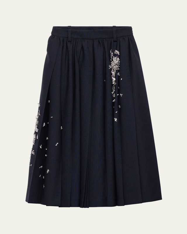 Embroidered Wool Midi Skirt